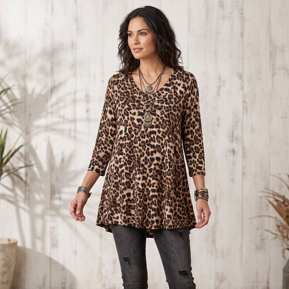 LARACE Leopard Print Tunic Top V Neck Mob Wife Whimsigoth Boho Knit Goth XL